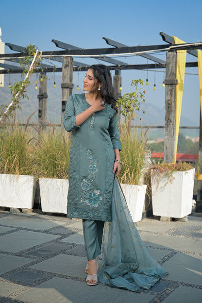 Bluish Grey Embroidered Roman Silk Suit Set