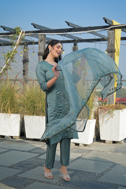 Bluish Grey Embroidered Roman Silk Suit Set