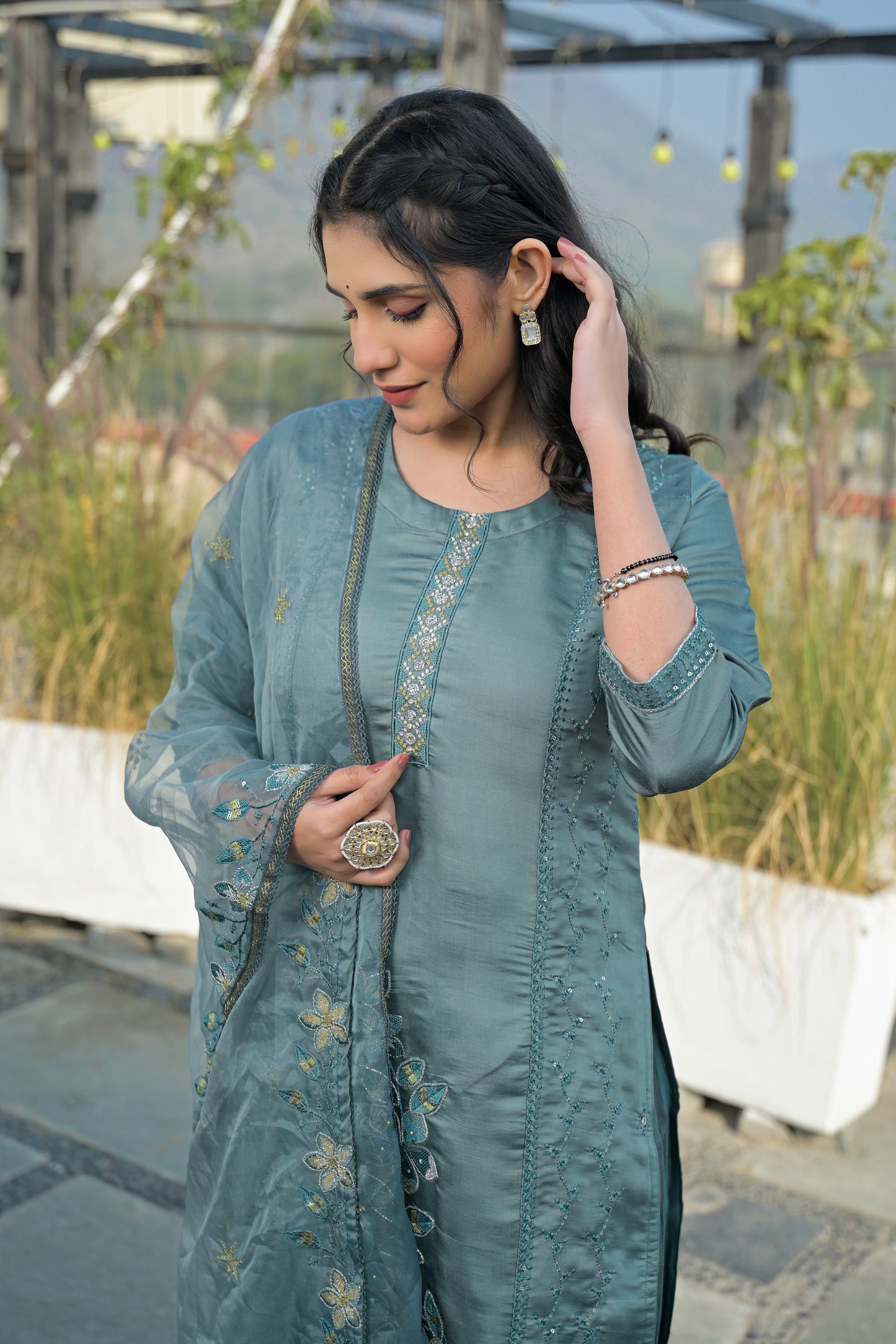 Bluish Grey Embroidered Roman Silk Suit Set