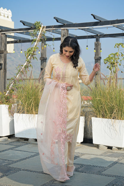 Almond Embroidered Roman Silk Suit Set