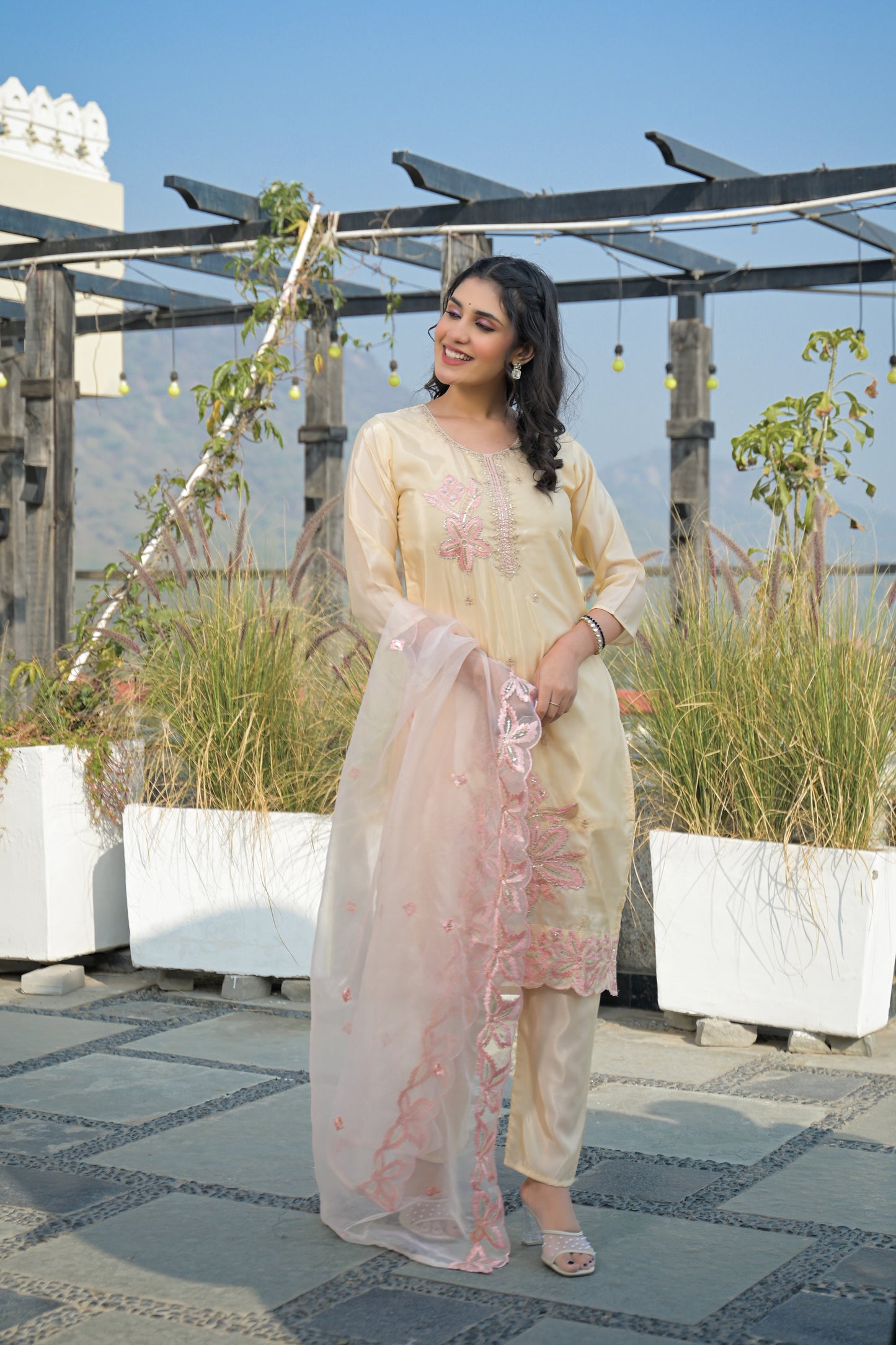 Almond Embroidered Roman Silk Suit Set
