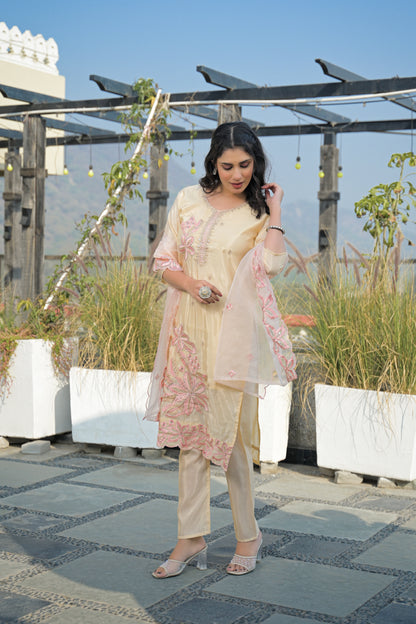 Almond Embroidered Roman Silk Suit Set