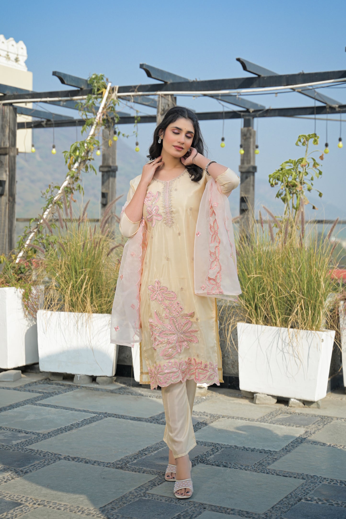 Almond Embroidered Roman Silk Suit Set