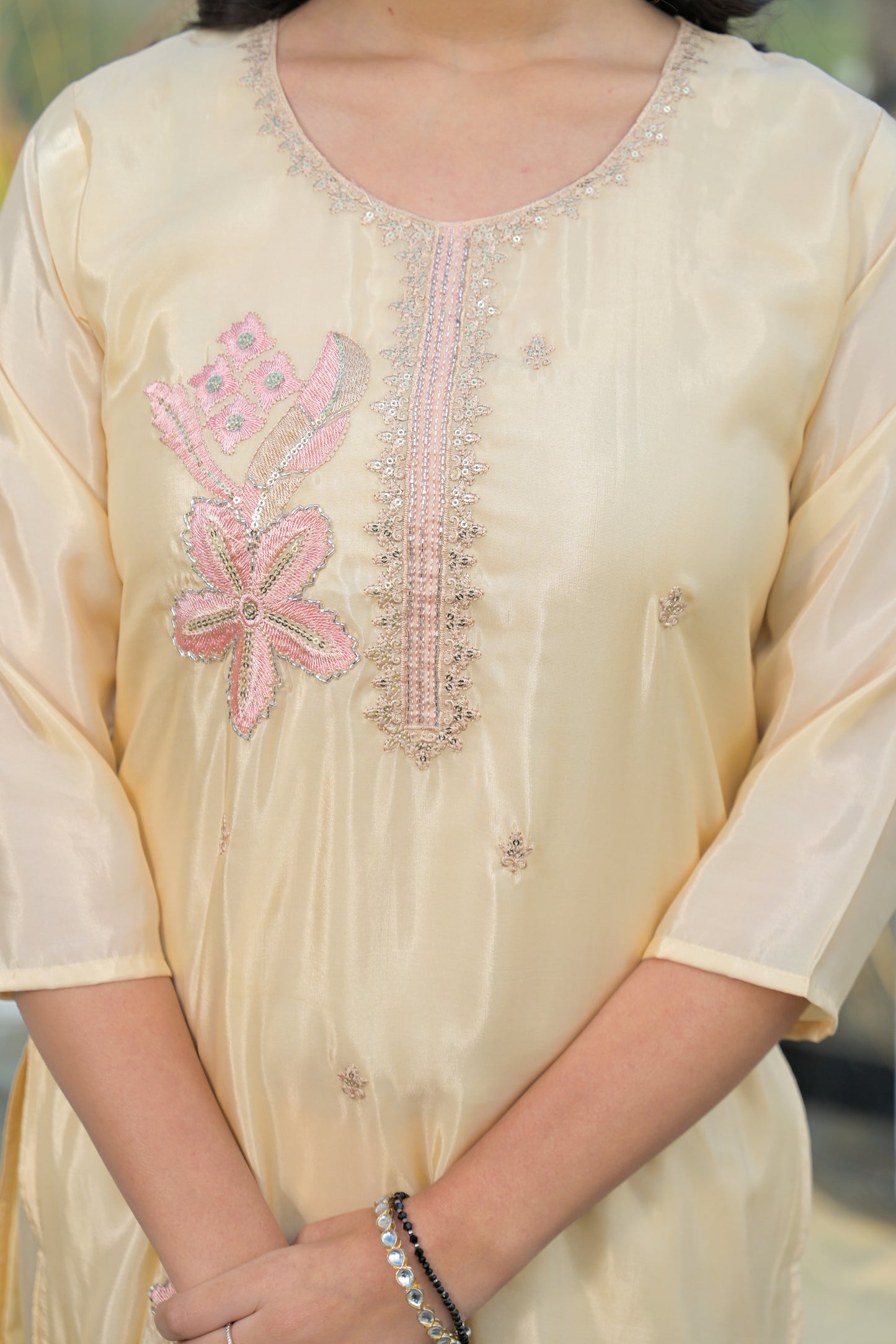 Almond Embroidered Roman Silk Suit Set