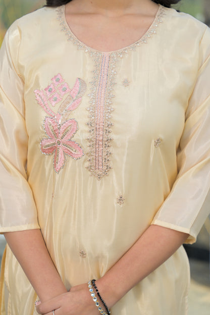 Almond Embroidered Roman Silk Suit Set