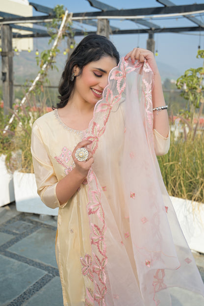 Almond Embroidered Roman Silk Suit Set