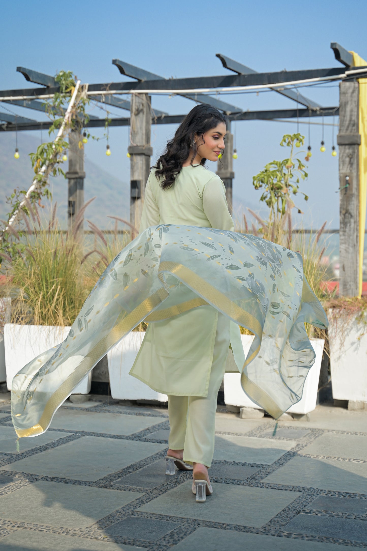 Pixie Green Embroidered Roman Silk Suit Set