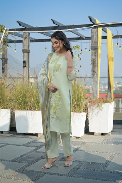 Pixie Green Embroidered Roman Silk Suit Set