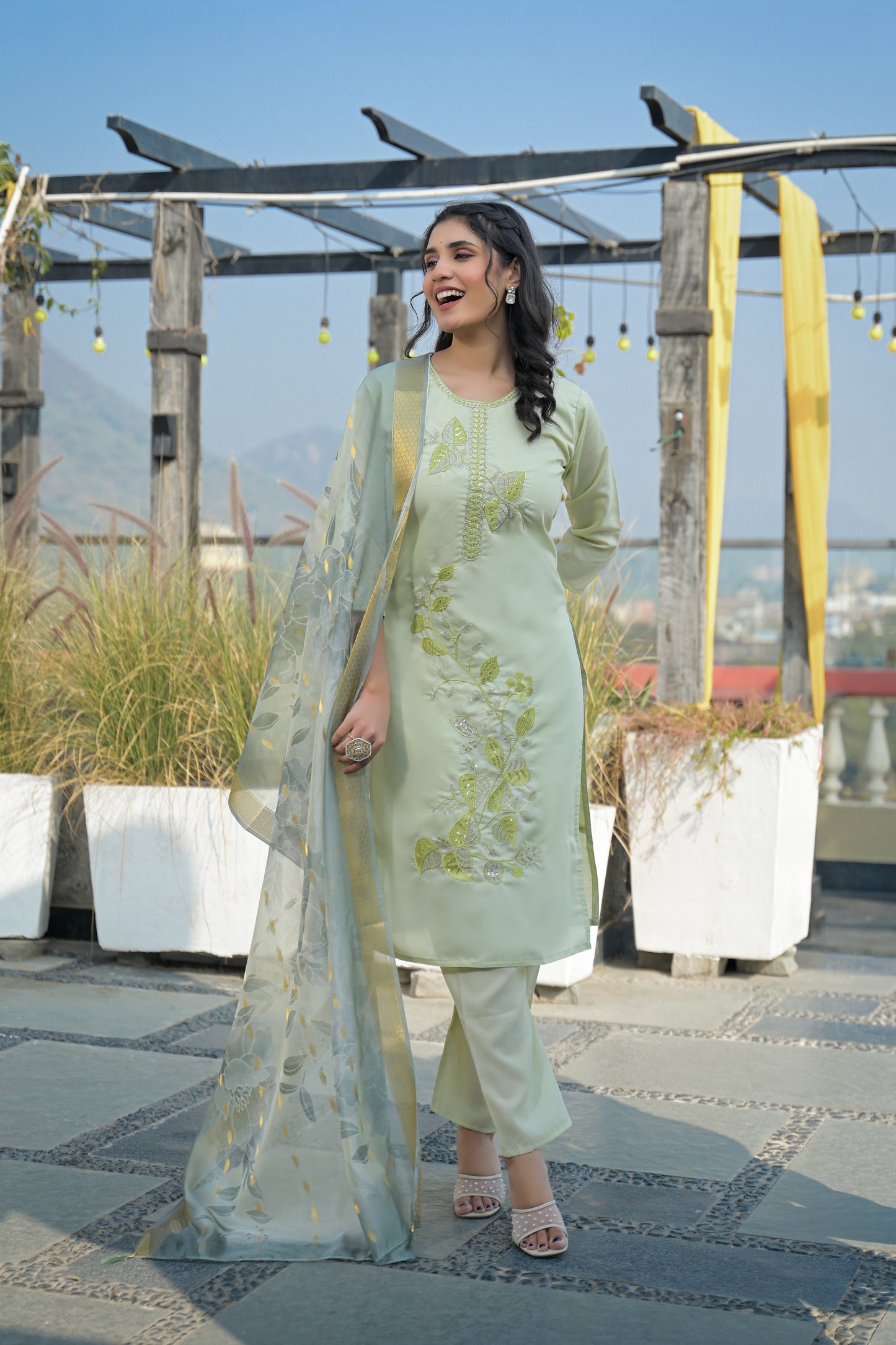 Pixie Green Embroidered Roman Silk Suit Set
