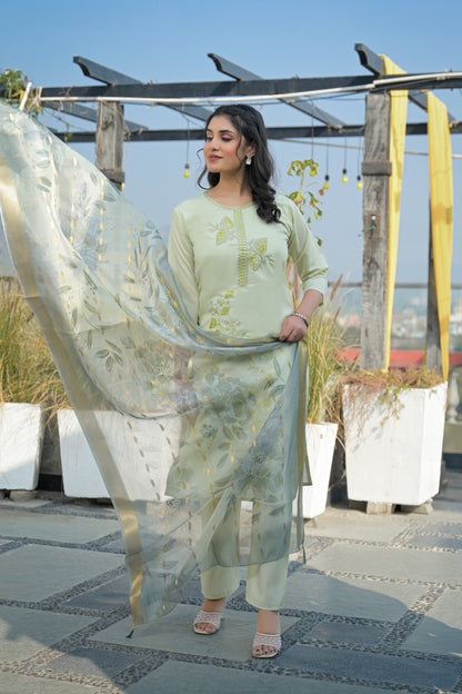 Pixie Green Embroidered Roman Silk Suit Set
