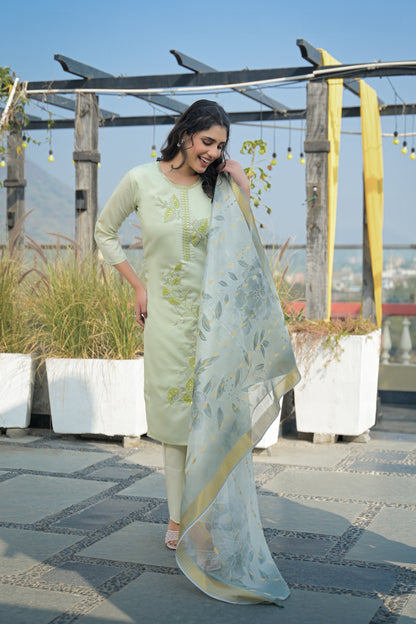 Pixie Green Embroidered Roman Silk Suit Set