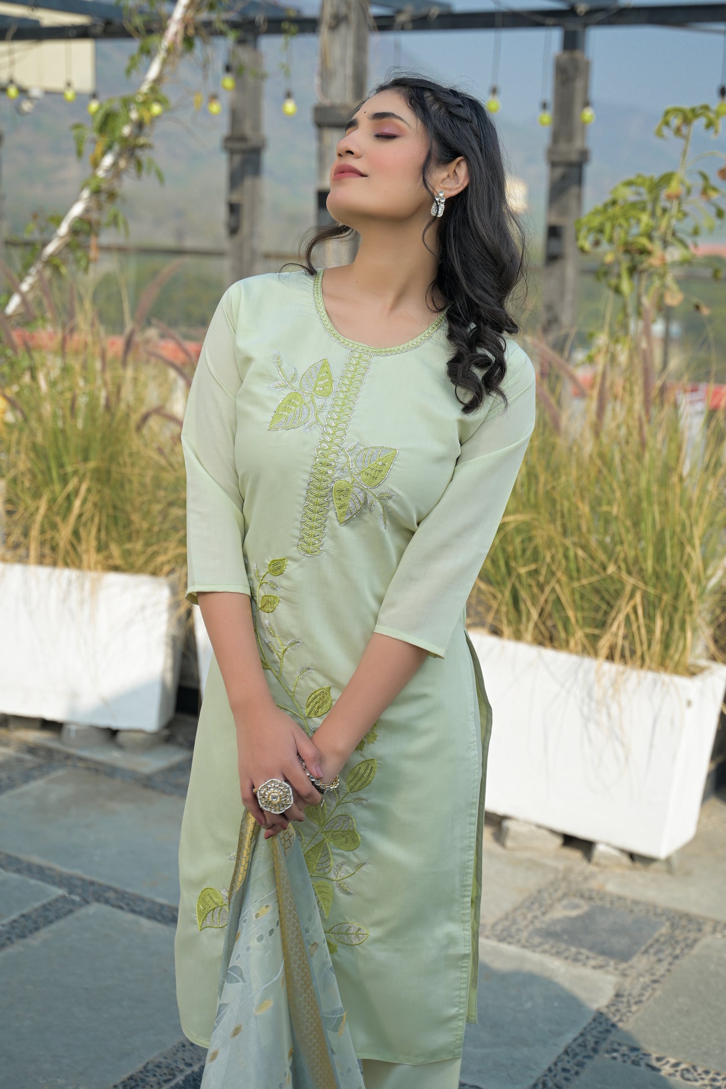 Pixie Green Embroidered Roman Silk Suit Set