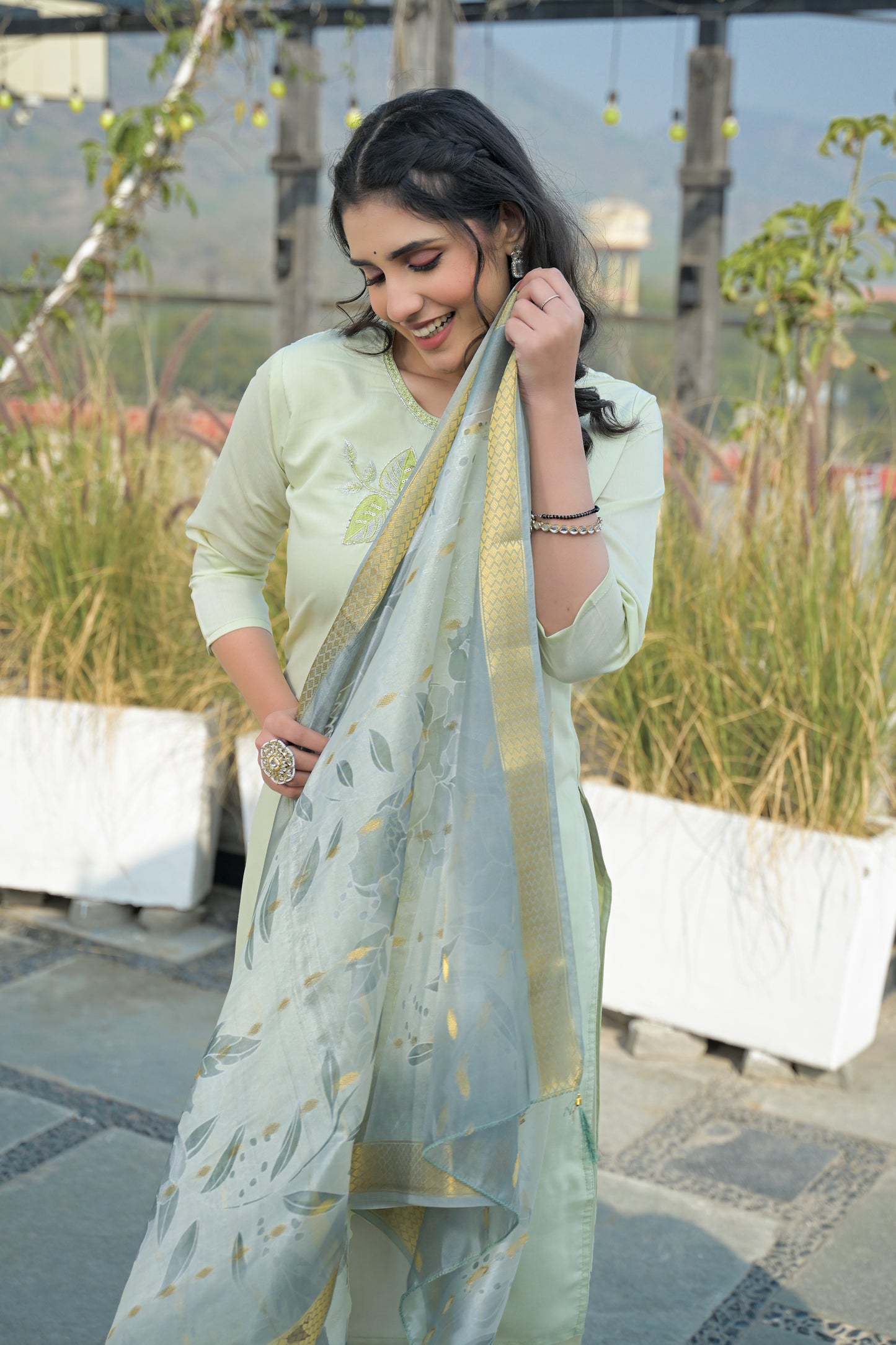 Pixie Green Embroidered Roman Silk Suit Set