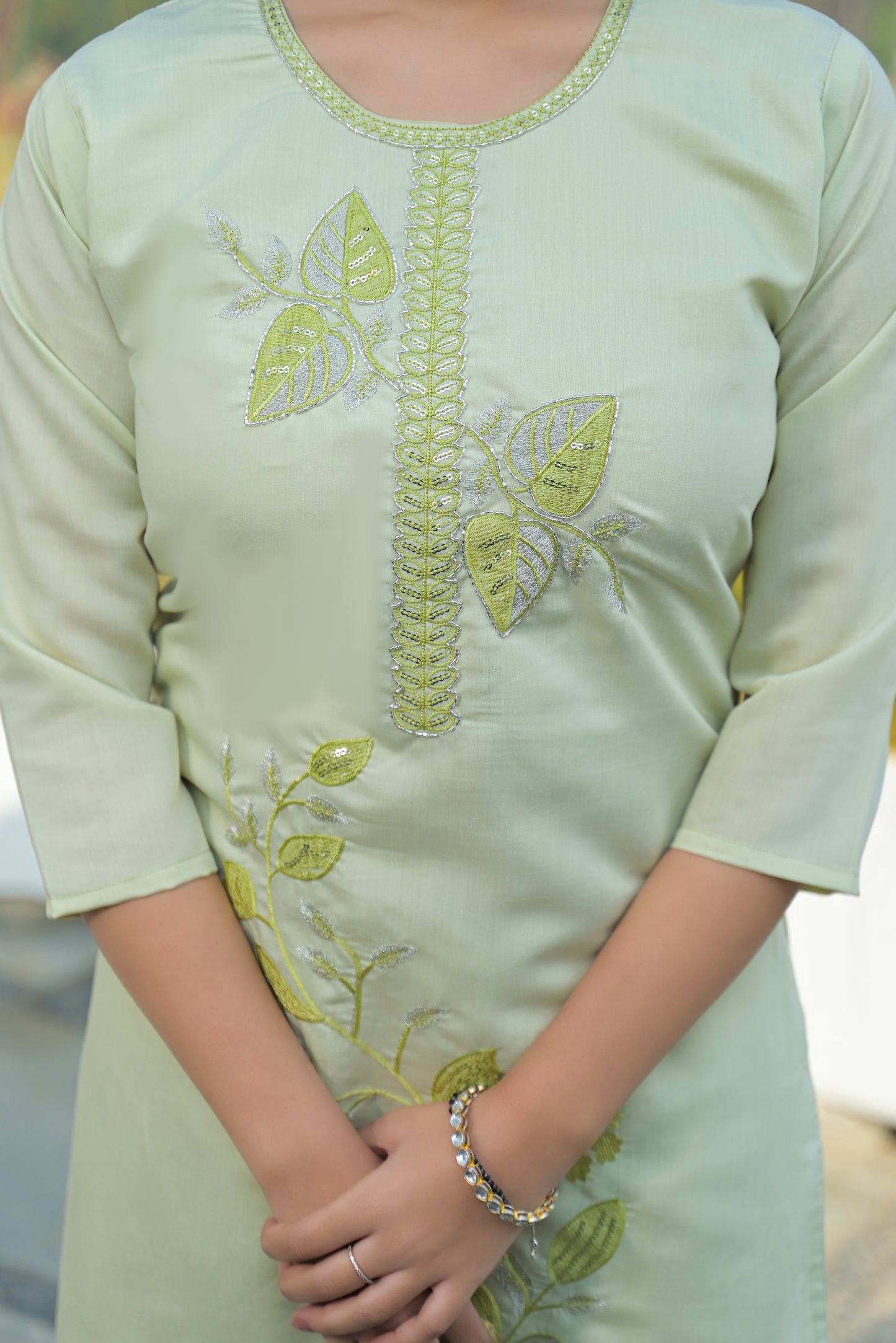 Pixie Green Embroidered Roman Silk Suit Set