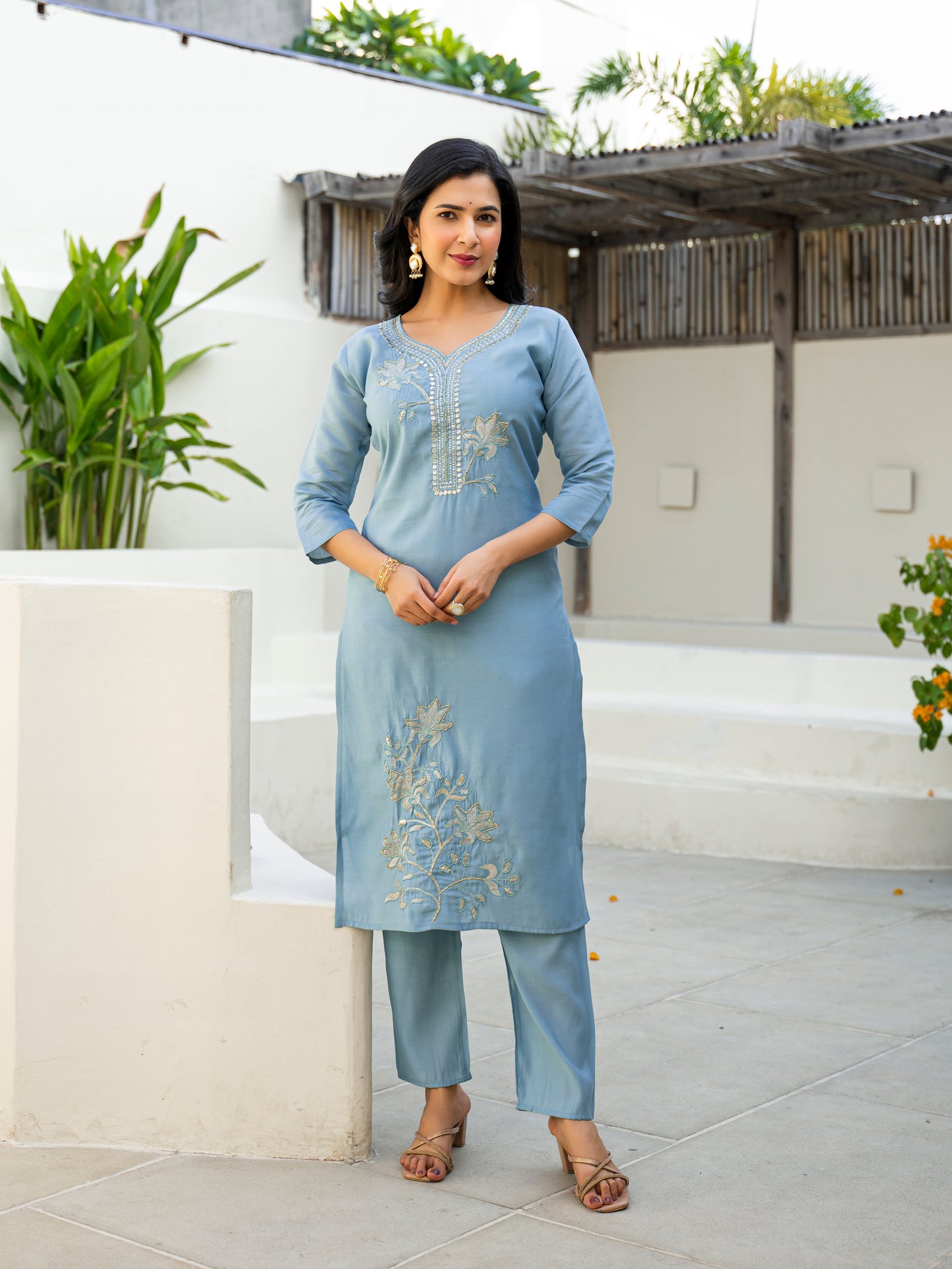 Cloudy Blue Embroidered Roman Silk Kurta and Pant Set with Dupatta (Copy)