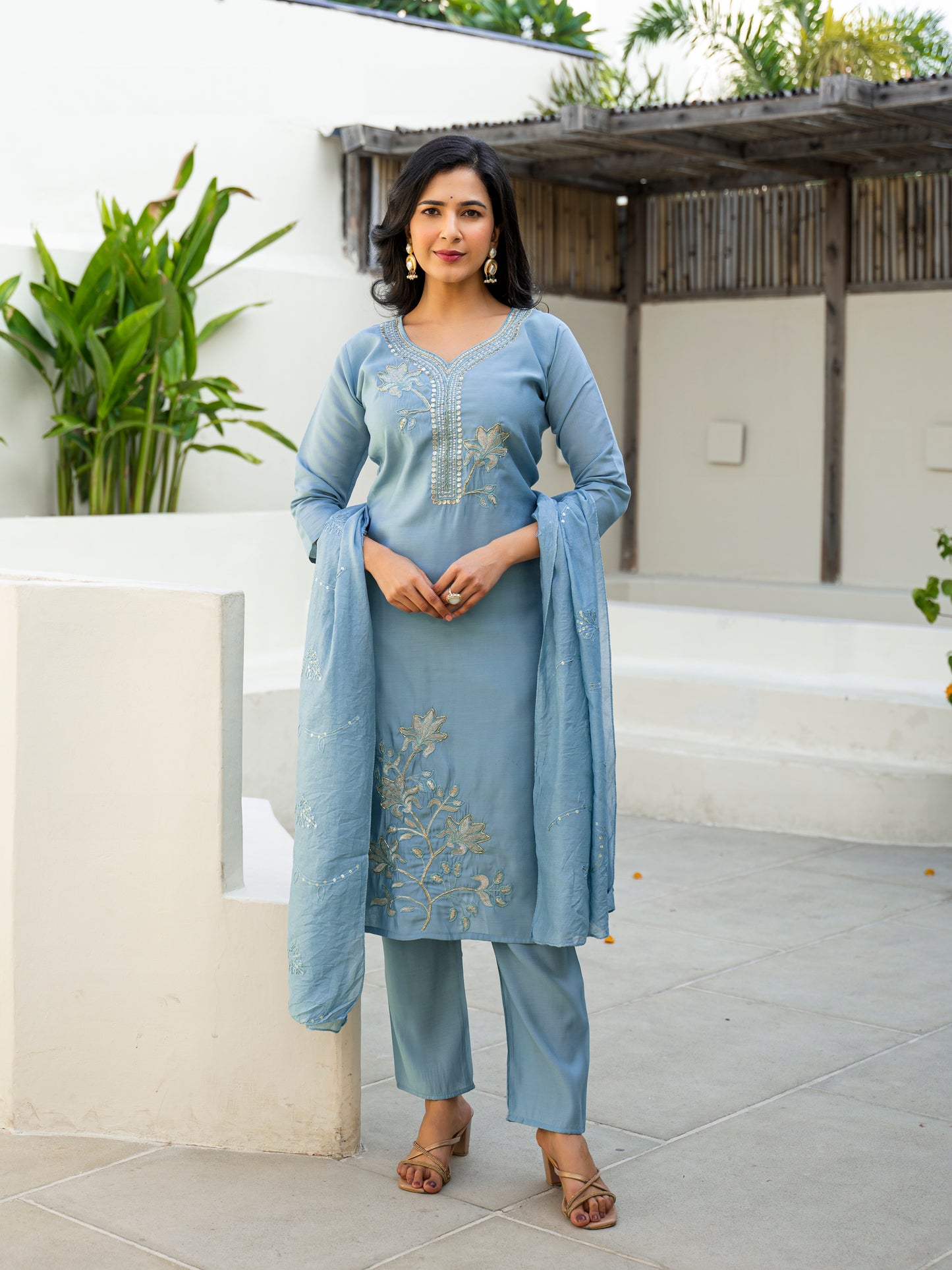 Cloudy Blue Embroidered Roman Silk Kurta and Pant Set with Dupatta (Copy)