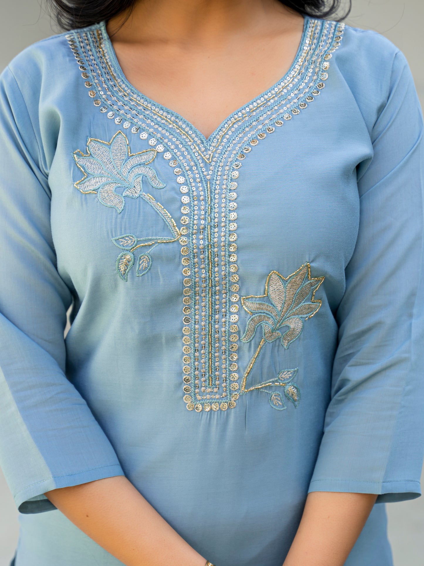 Cloudy Blue Embroidered Roman Silk Kurta and Pant Set with Dupatta (Copy)