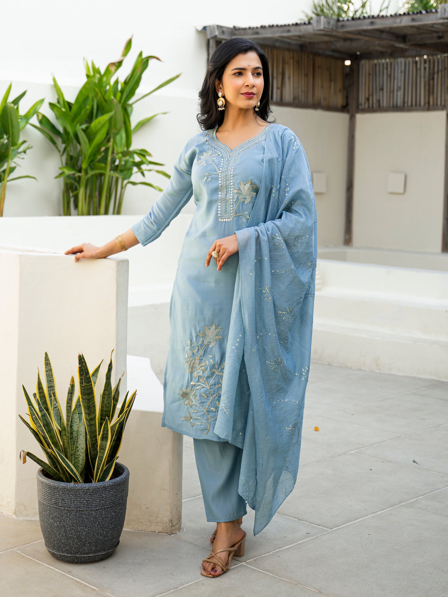 Cloudy Blue Embroidered Roman Silk Kurta and Pant Set with Dupatta (Copy)