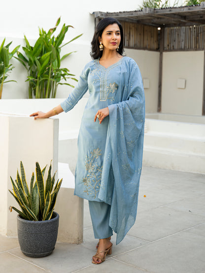 Cloudy Blue Embroidered Roman Silk Kurta and Pant Set with Dupatta (Copy)