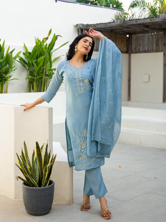 Cloudy Blue Embroidered Roman Silk Kurta and Pant Set with Dupatta