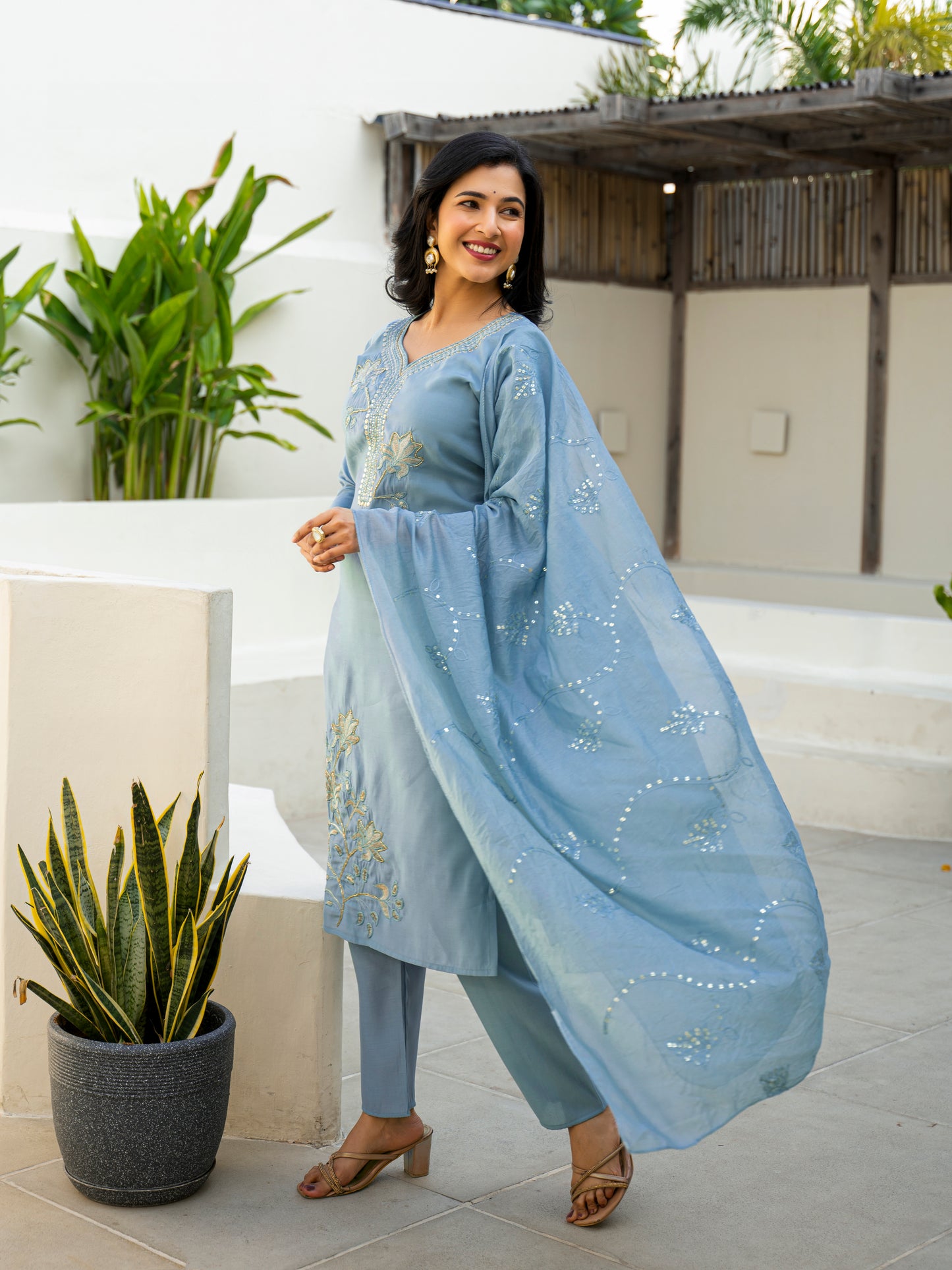 Cloudy Blue Embroidered Roman Silk Kurta and Pant Set with Dupatta (Copy)