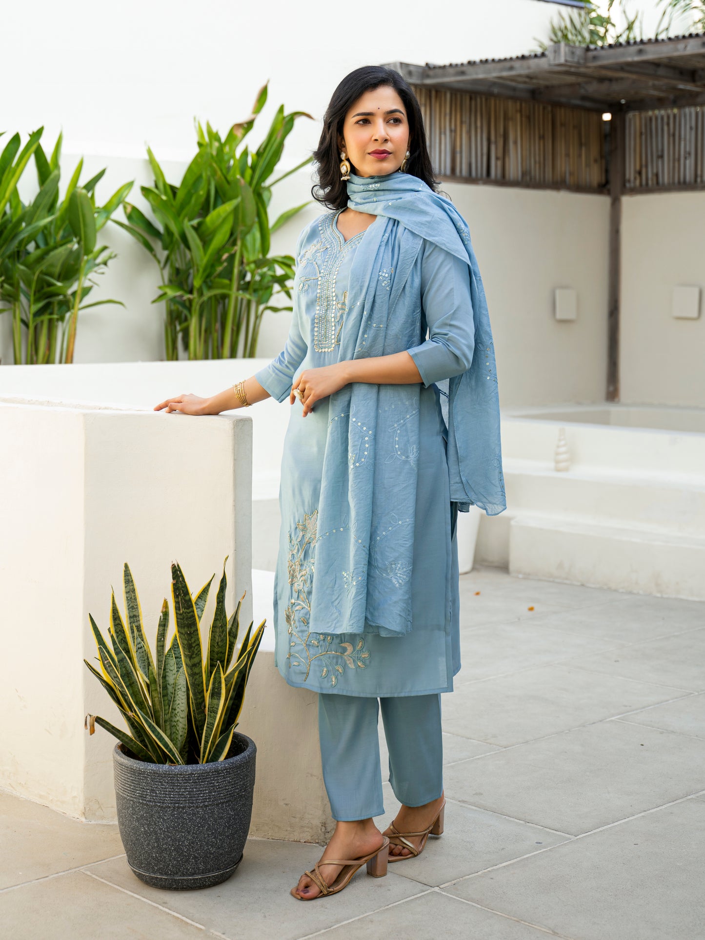 Cloudy Blue Embroidered Roman Silk Kurta and Pant Set with Dupatta (Copy)