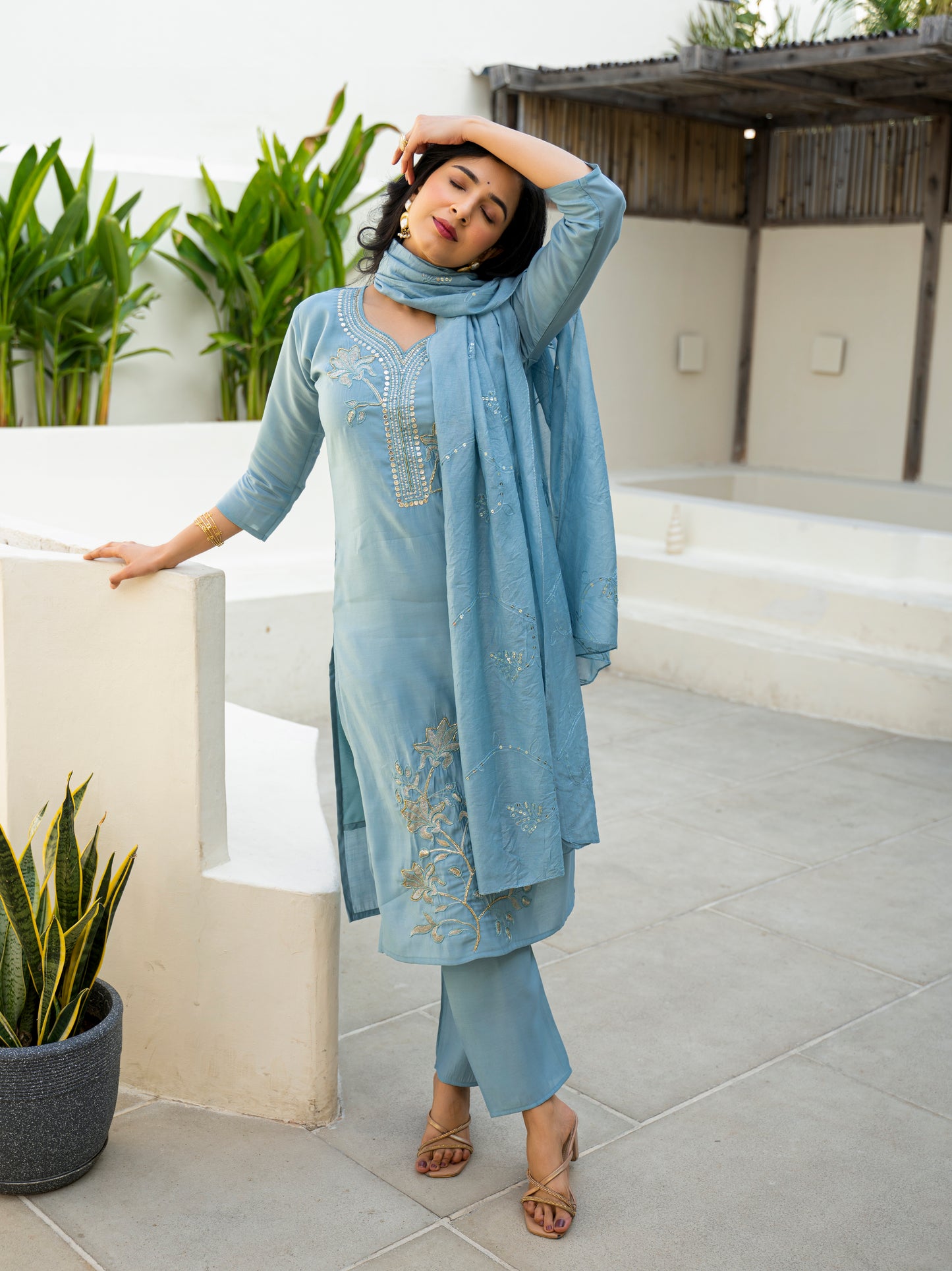 Cloudy Blue Embroidered Roman Silk Kurta and Pant Set with Dupatta (Copy)