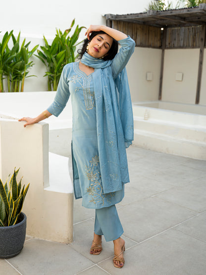 Cloudy Blue Embroidered Roman Silk Kurta and Pant Set with Dupatta (Copy)