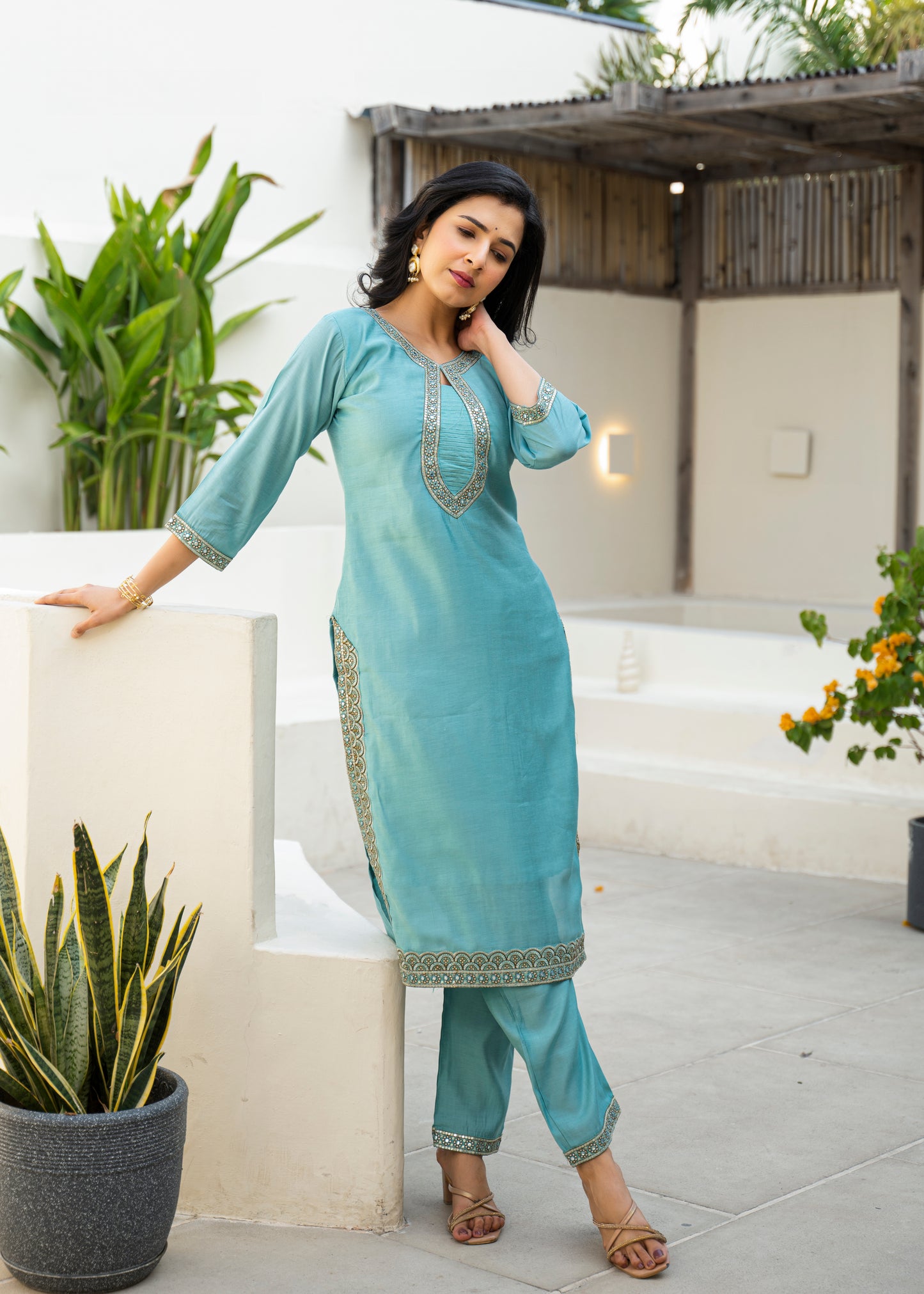 Fountain Blue Embroidered Roman Silk Kurta and Pant Set with Dupatta