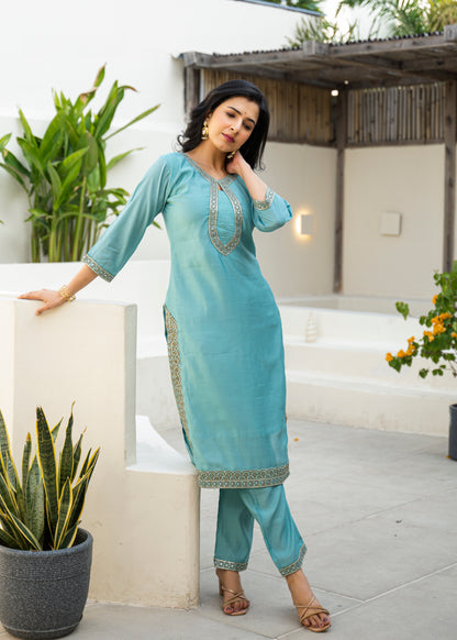 Fountain Blue Embroidered Roman Silk Kurta and Pant Set with Dupatta