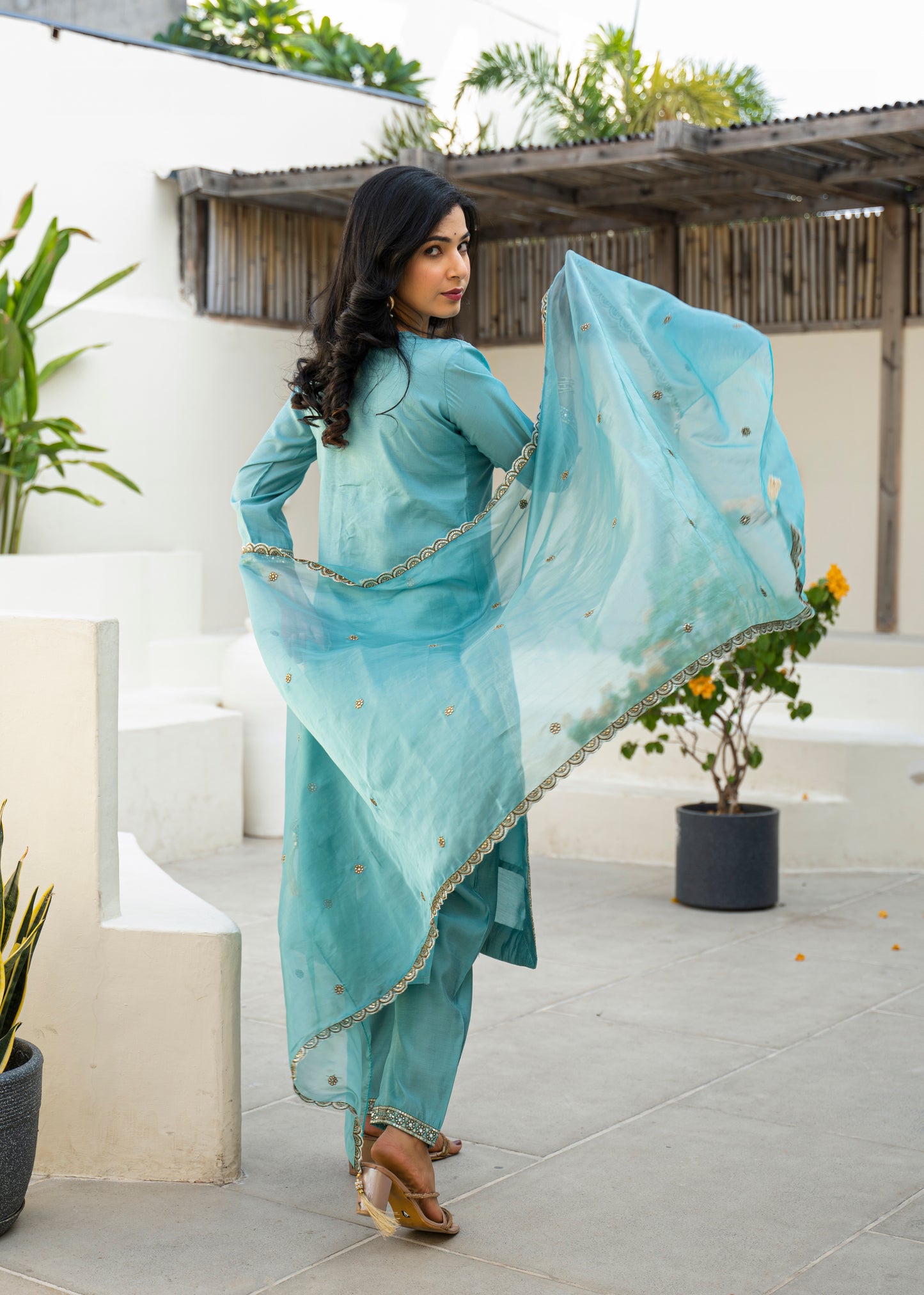Fountain Blue Embroidered Roman Silk Kurta and Pant Set with Dupatta