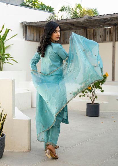Fountain Blue Embroidered Roman Silk Kurta and Pant Set with Dupatta