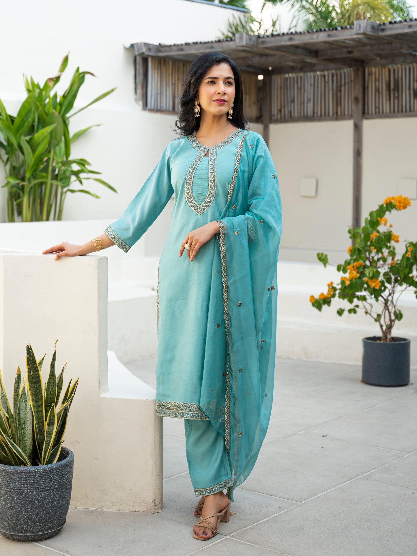 Fountain Blue Embroidered Roman Silk Kurta and Pant Set with Dupatta