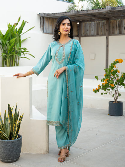 Fountain Blue Embroidered Roman Silk Kurta and Pant Set with Dupatta