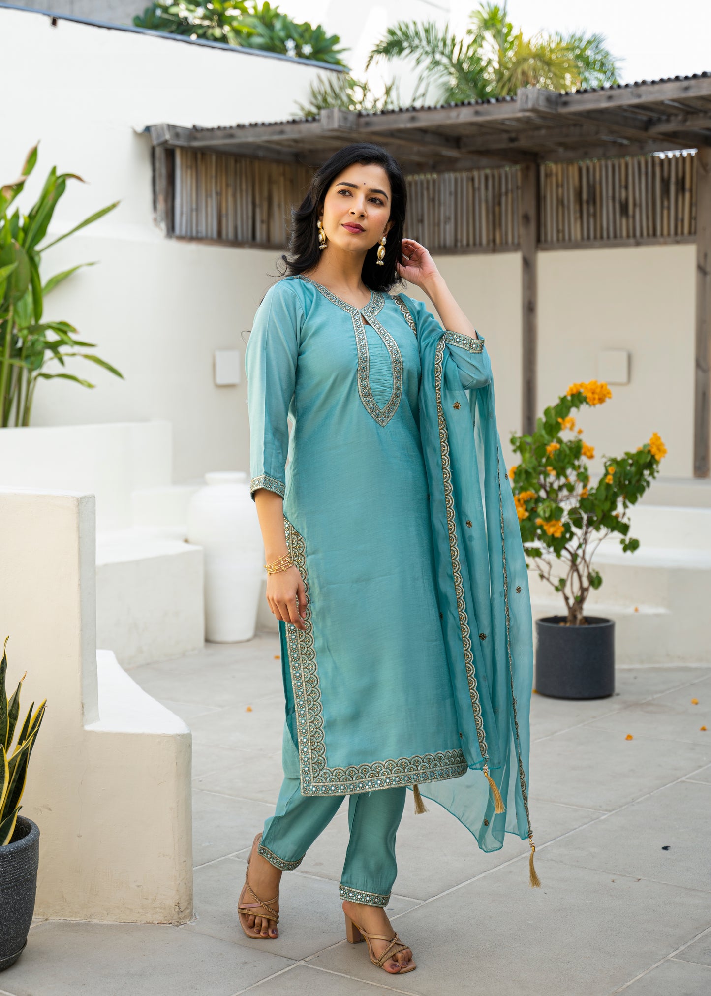 Fountain Blue Embroidered Roman Silk Kurta and Pant Set with Dupatta