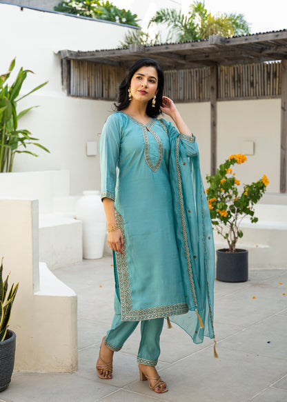 Fountain Blue Embroidered Roman Silk Kurta and Pant Set with Dupatta