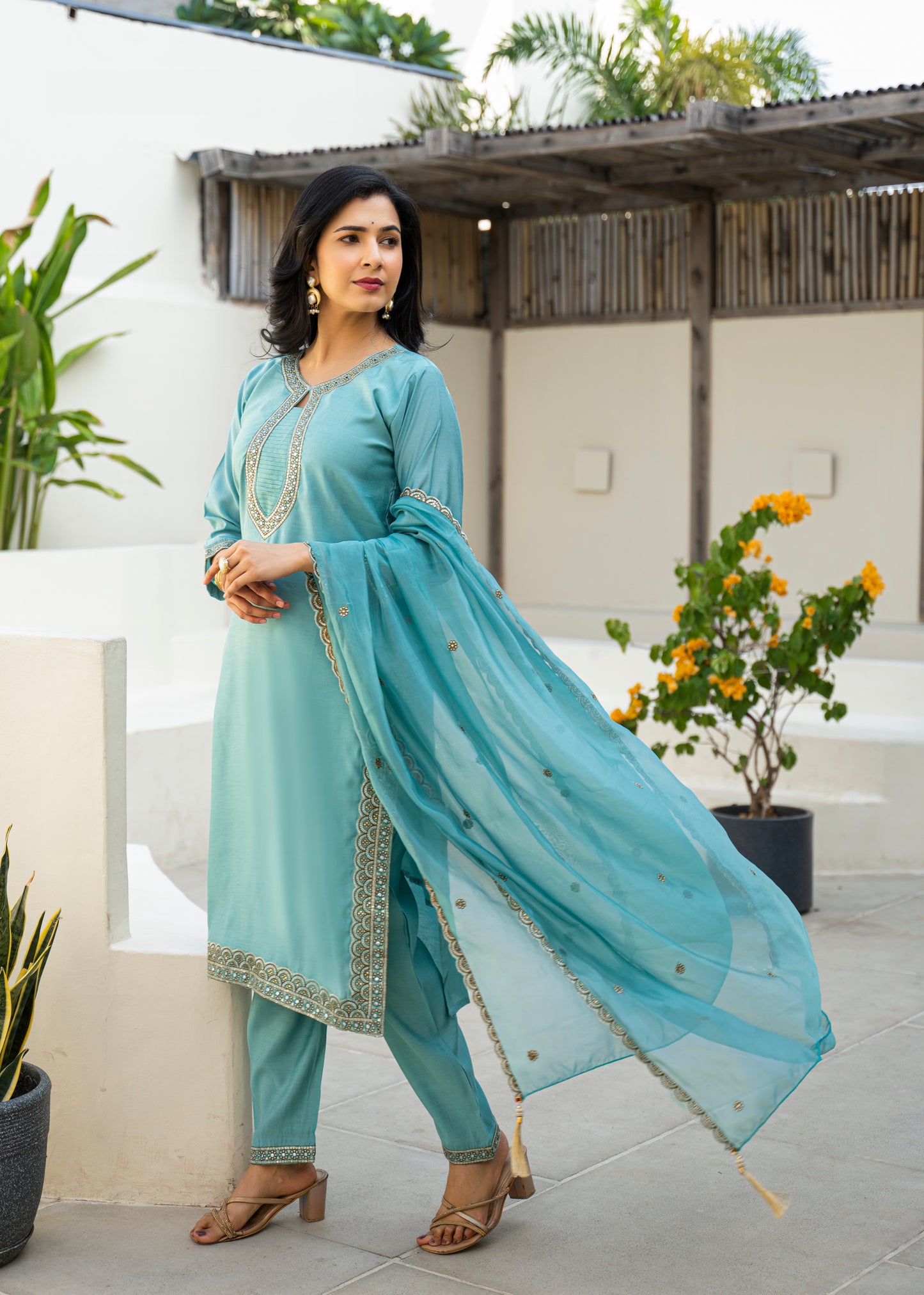 Fountain Blue Embroidered Roman Silk Kurta and Pant Set with Dupatta