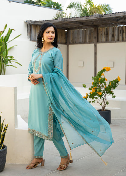 Fountain Blue Embroidered Roman Silk Kurta and Pant Set with Dupatta