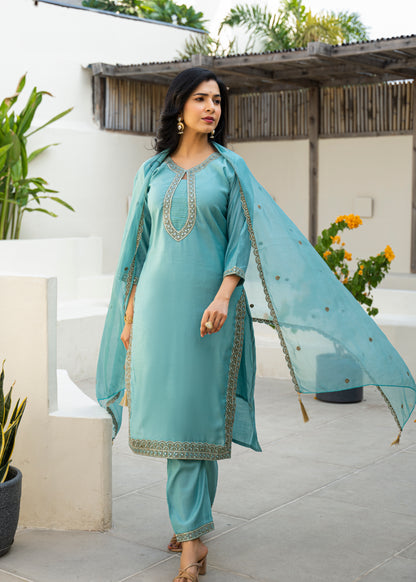 Fountain Blue Embroidered Roman Silk Kurta and Pant Set with Dupatta