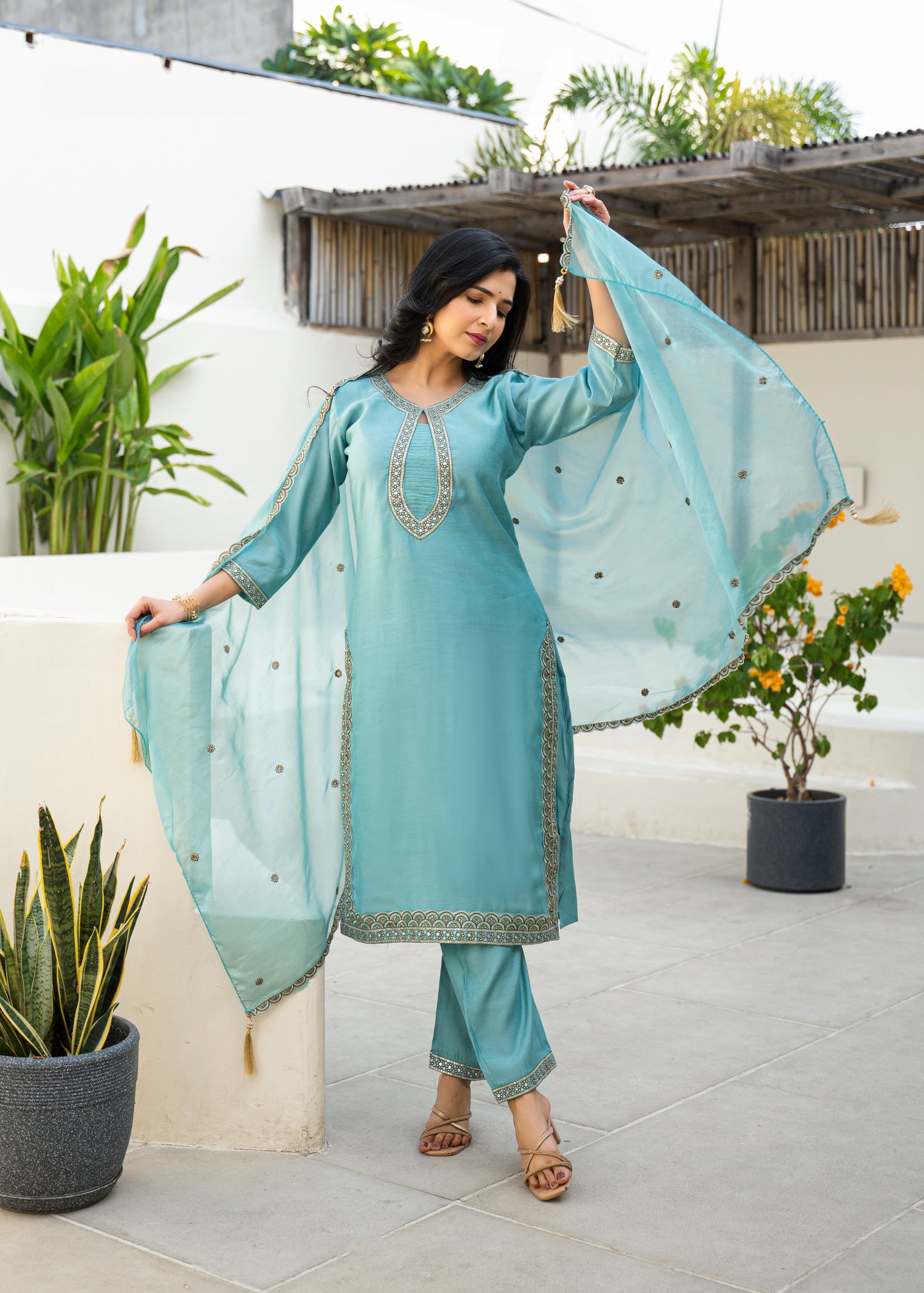Fountain Blue Embroidered Roman Silk Kurta and Pant Set with Dupatta