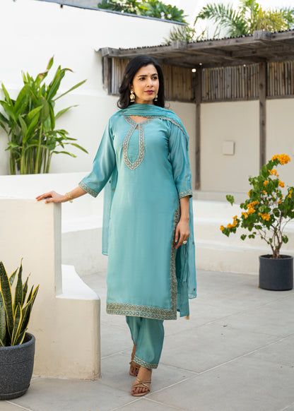 Fountain Blue Embroidered Roman Silk Kurta and Pant Set with Dupatta