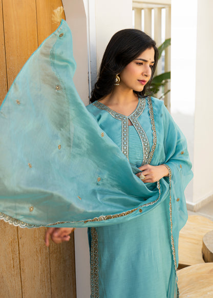 Fountain Blue Embroidered Roman Silk Kurta and Pant Set with Dupatta