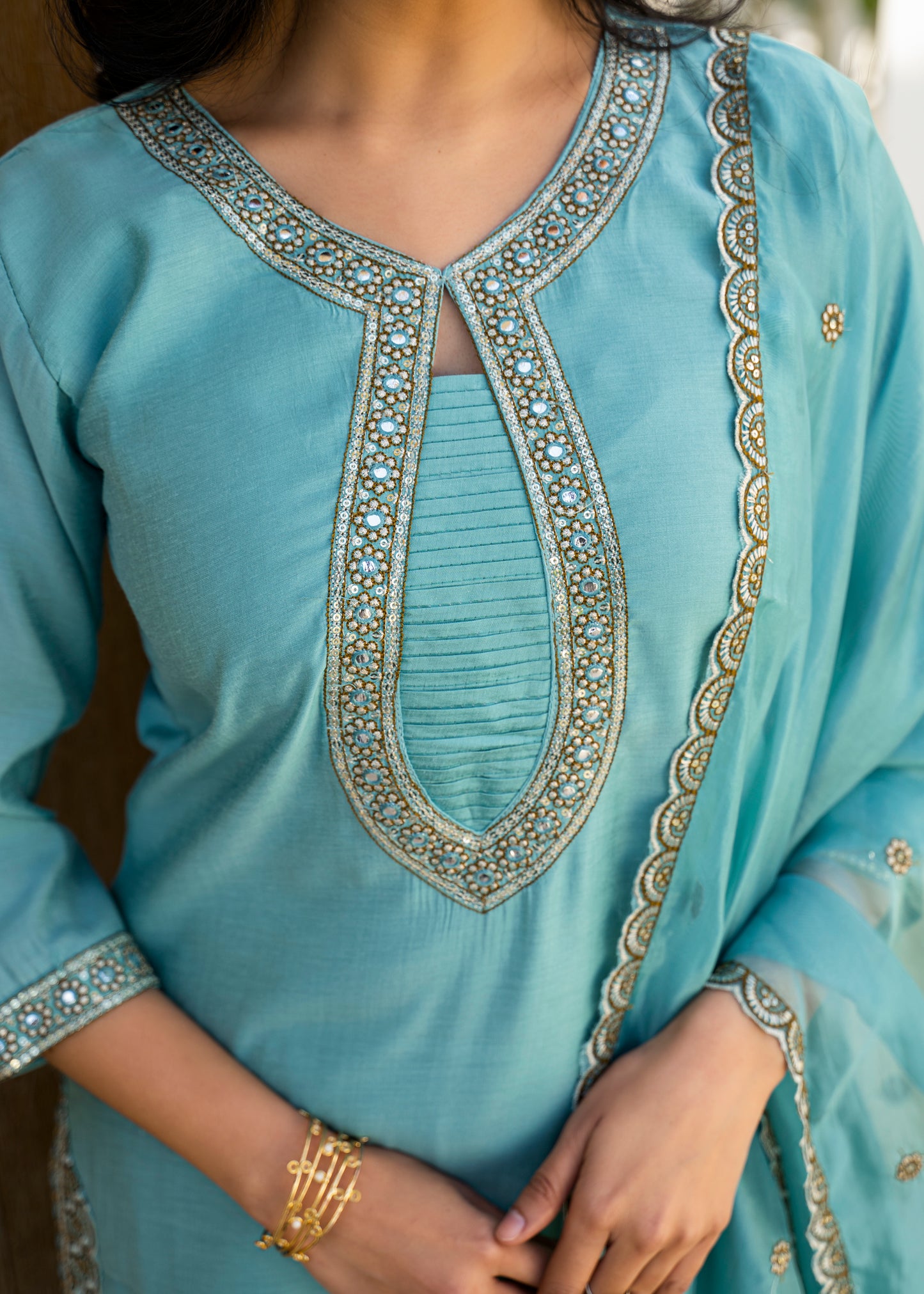 Fountain Blue Embroidered Roman Silk Kurta and Pant Set with Dupatta