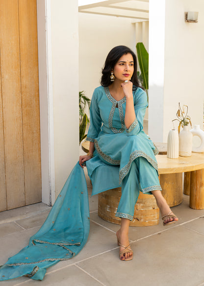 Fountain Blue Embroidered Roman Silk Kurta and Pant Set with Dupatta