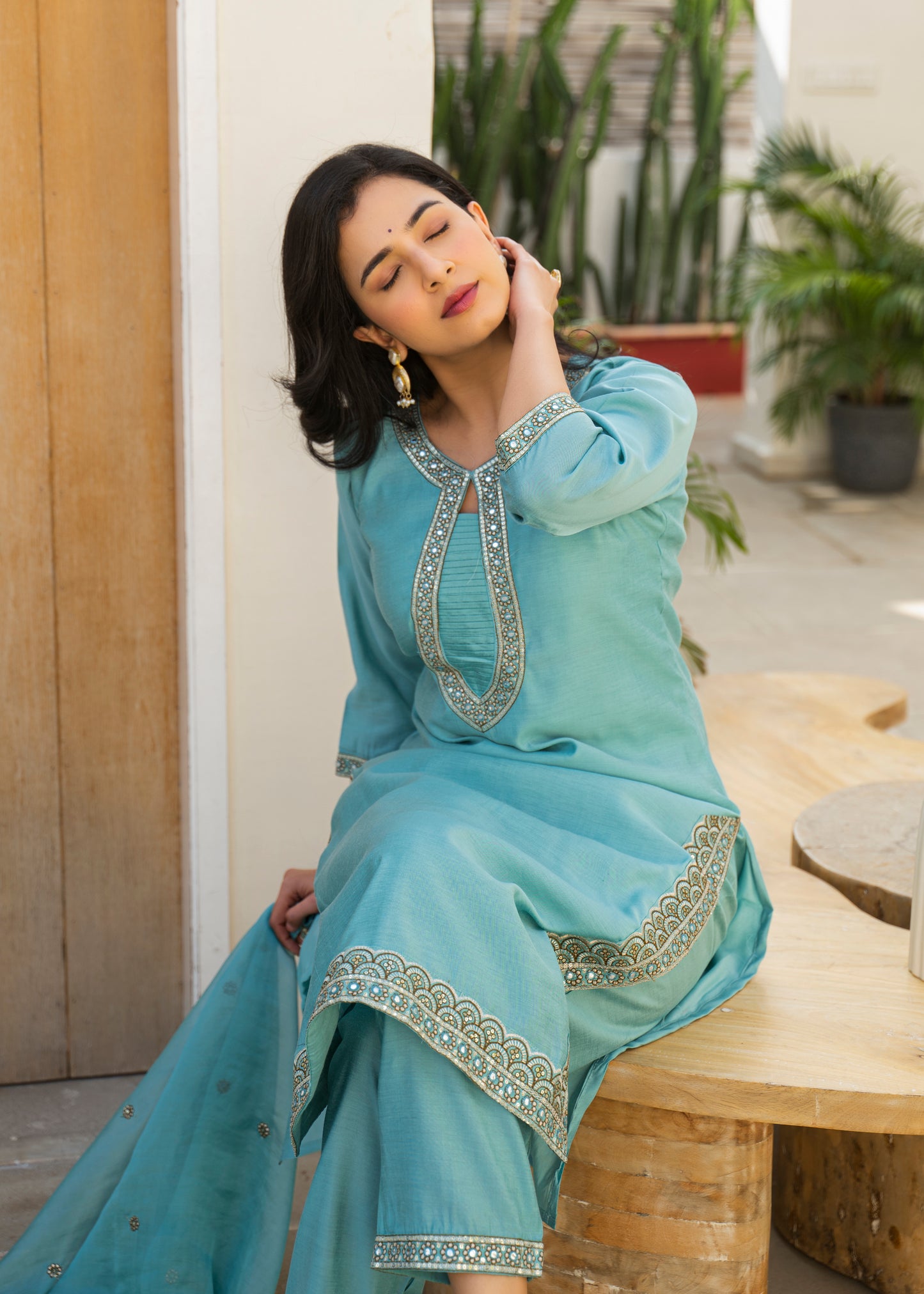 Fountain Blue Embroidered Roman Silk Kurta and Pant Set with Dupatta