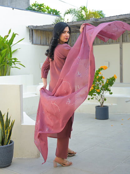 Turkish Rose Embroidered Roman Silk Kurta and Pant Set with Dupatta