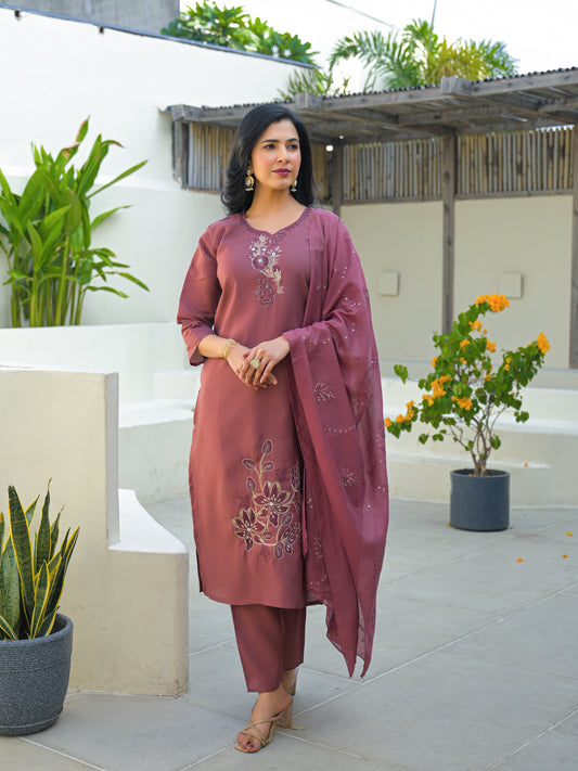 Turkish Rose Embroidered Roman Silk Kurta and Pant Set with Dupatta