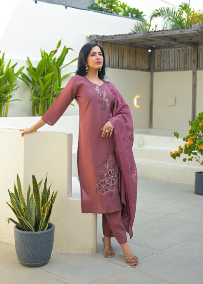 Turkish Rose Embroidered Roman Silk Kurta and Pant Set with Dupatta