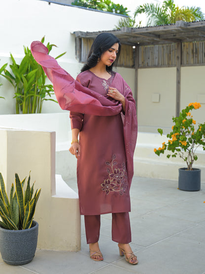 Turkish Rose Embroidered Roman Silk Kurta and Pant Set with Dupatta