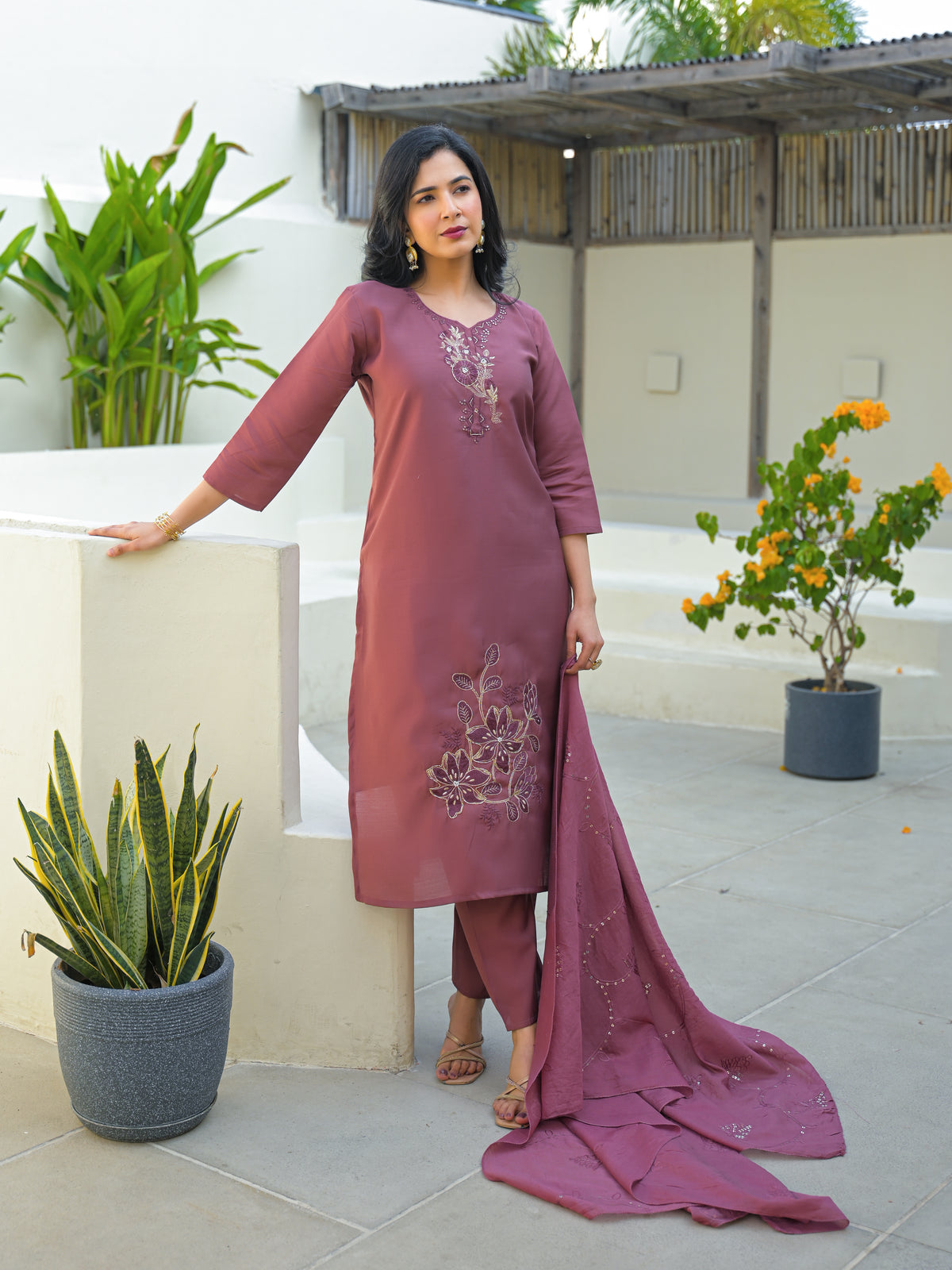 Turkish Rose Embroidered Roman Silk Kurta and Pant Set with Dupatta